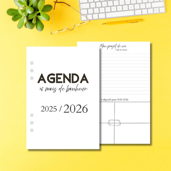 Recharge agenda 2025-2026 - avec espace de note mensuel