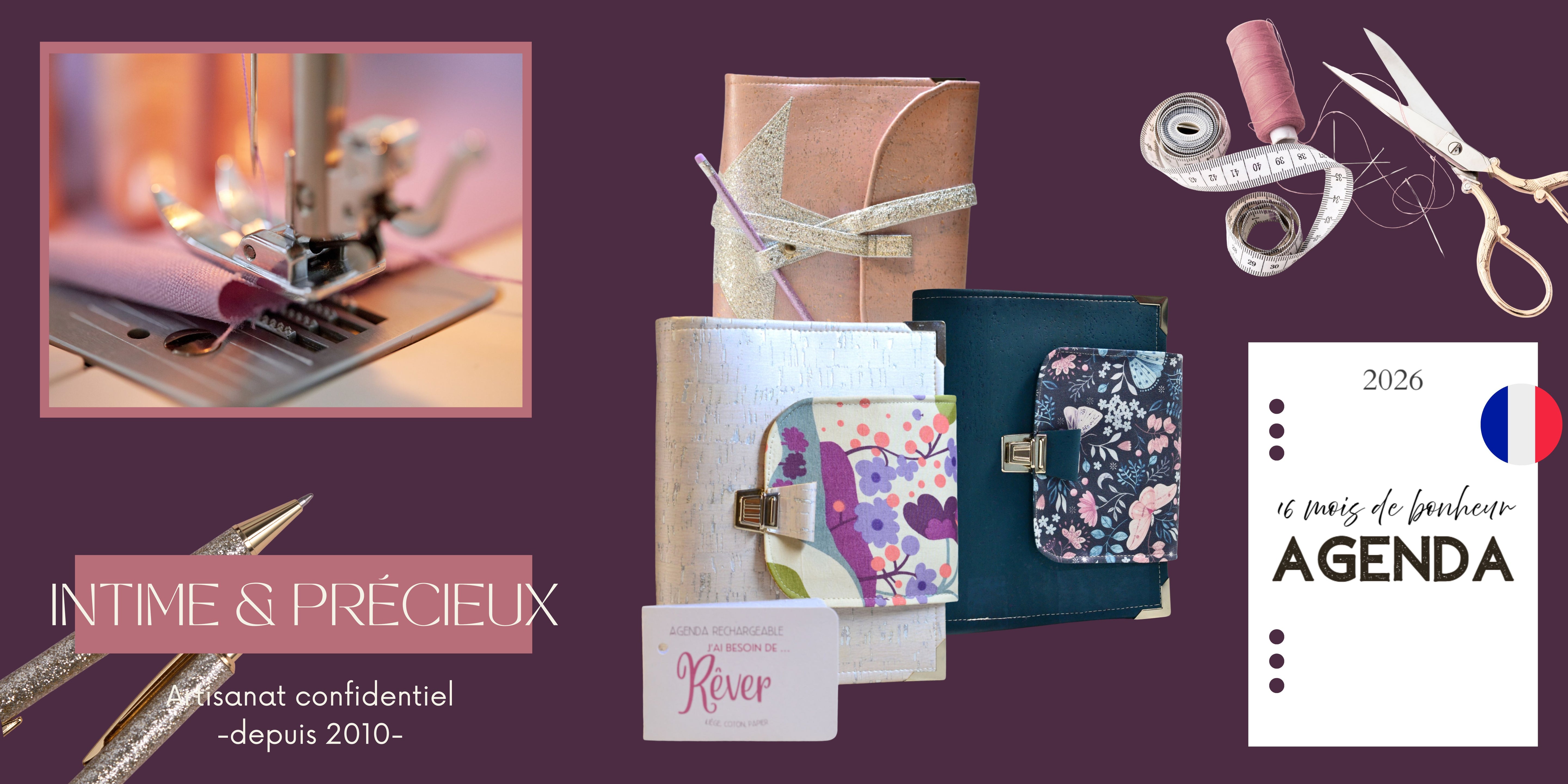 bannière du site Les Jours Souples en prune, or et bleu aon. Artisanat local et agenda français pour femme sensible