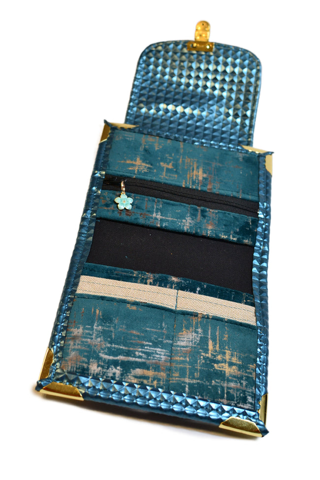 Portefeuille femme en simili cuir bleu canard et or