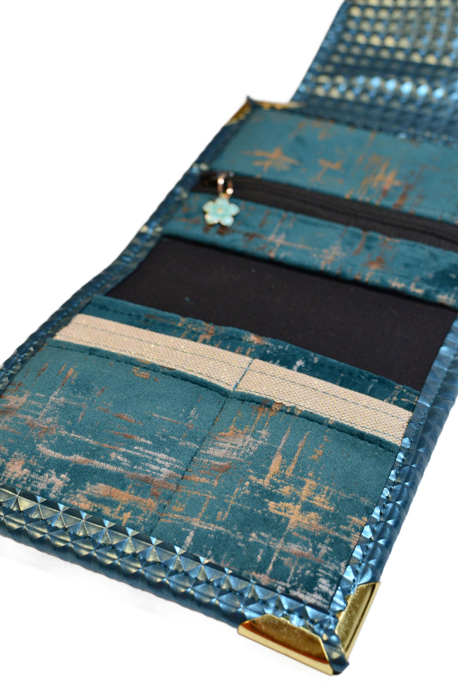 Portefeuille femme en simili cuir bleu canard et or