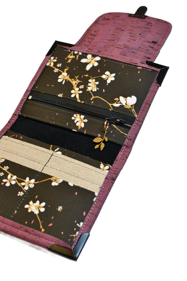 Portefeuille en liège prune et tissu japonais