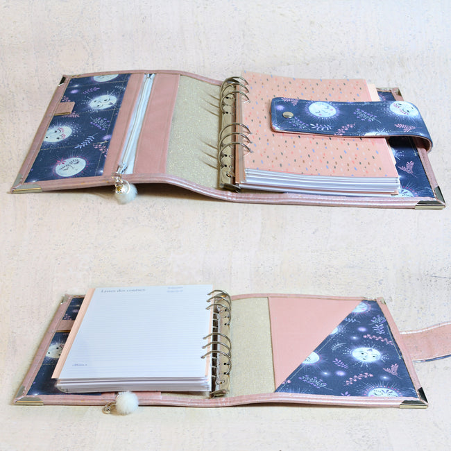 agenda  A5  fait main en cuir de liège pour femme, organiseur avec anneaux en liège rose nacré et coton lunes bleues poétiques. Pour papeterie rechargeable. Shirley chiche, les jours souples 