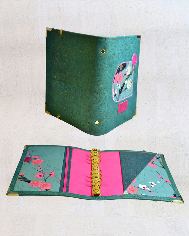 Agenda rechargeable vert émeraude & fleurs de cerisier