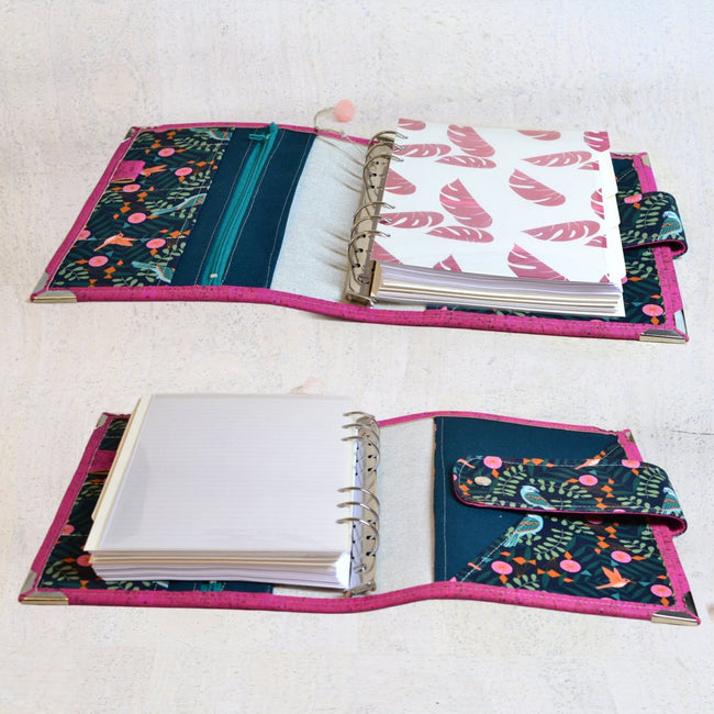 agenda rechargeable fait main pour femme qui aime écrire, Organiseur A5 en liège rose vif fuchsia avec coton oiseaux colibri, poche zippée. Shirley chiche pour Les jours souples