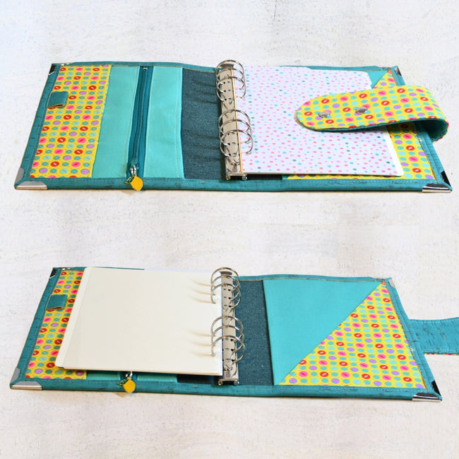 agenda fait main pour femme qui aime écrire, Organiseur A5 rechargeable fait main et recharges – Liège bleu turquise et coton petit pan biles jaunes – Agenda 2025 2026 émotionnel 