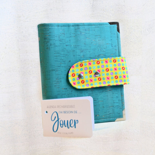 agenda fait main pour femme qui aime écrire, Organiseur A5 rechargeable fait main et recharges – Liège bleu turquise et coton petit pan biles jaunes – Agenda 2025 2026 émotionnel 