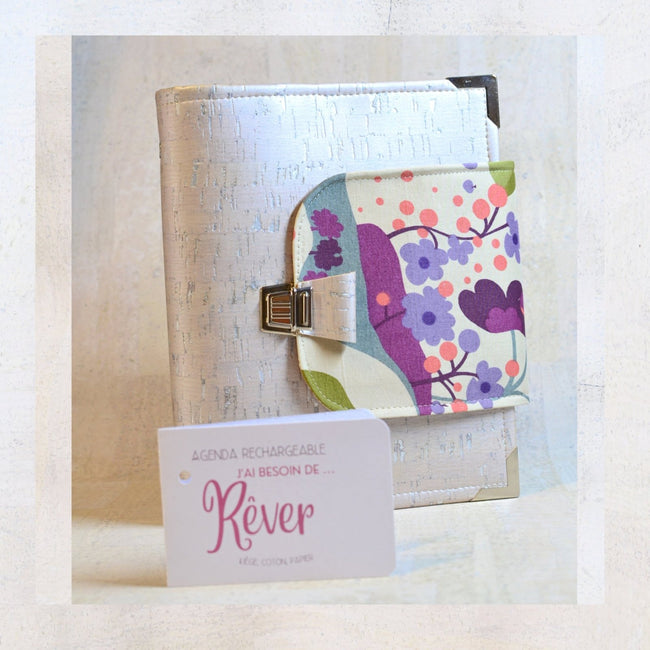 agenda fait main pour femme, Organiseur A5 en tissu Liberty et cuir de liège rose nude perle, agenda 2026, Shirley chiche pour Les jours souples