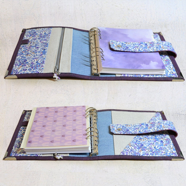 agenda rechargeable fait main pour femme, Organiseur A5 en liège violet et petites fleurs bleues avec poche zippée Les jours souples