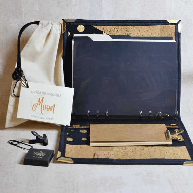 Organiseur A5 Lune sur liège noir - Pack agenda 2025 - Les jours souples