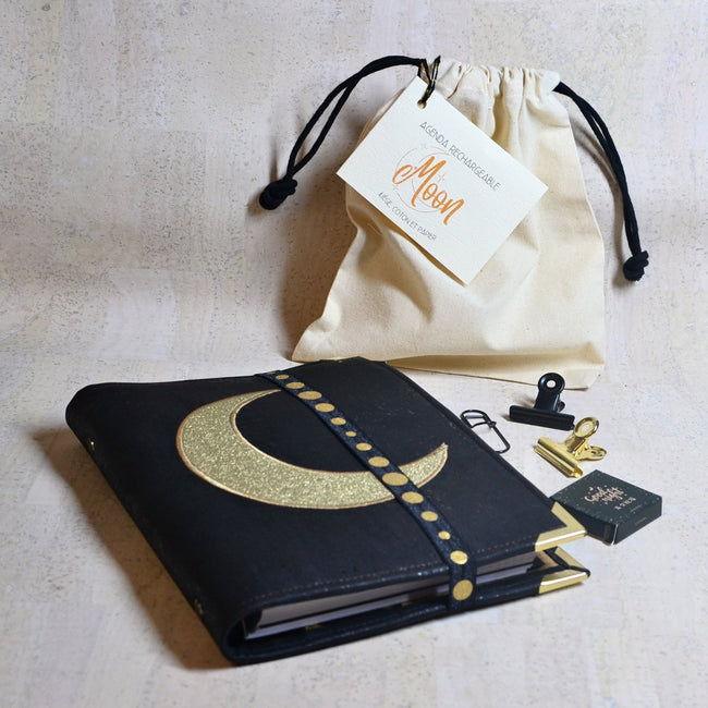 Organiseur A5 Lune sur liège noir - Pack agenda 2025 - Les jours souples