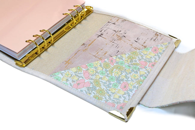 Organiseur agenda A5 en cuir de liège blanc et Liberty Poppie Pastel + poche zippée - Shirley Chiche planner