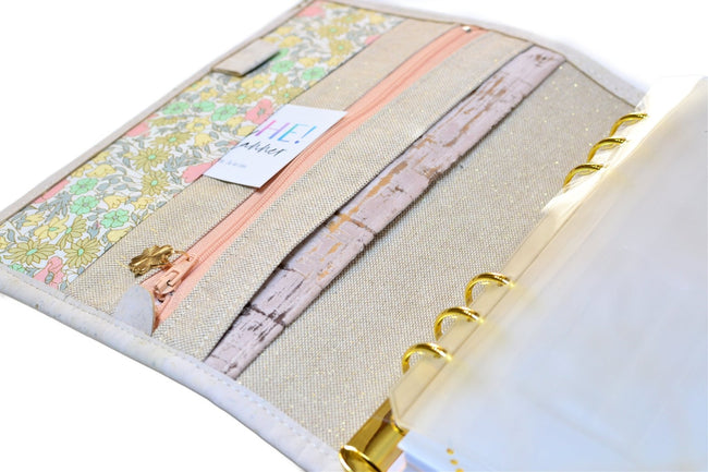 Organiseur agenda A5 en cuir de liège blanc et Liberty Poppie Pastel + poche zippée - Shirley Chiche planner