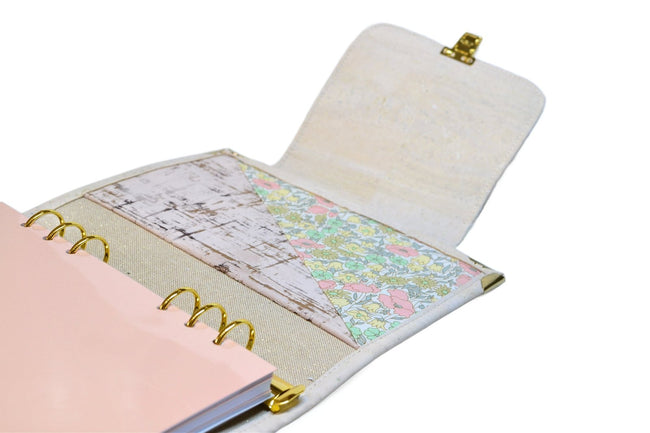 Organiseur agenda A5 en cuir de liège blanc et Liberty Poppie Pastel + poche zippée - Shirley Chiche planner