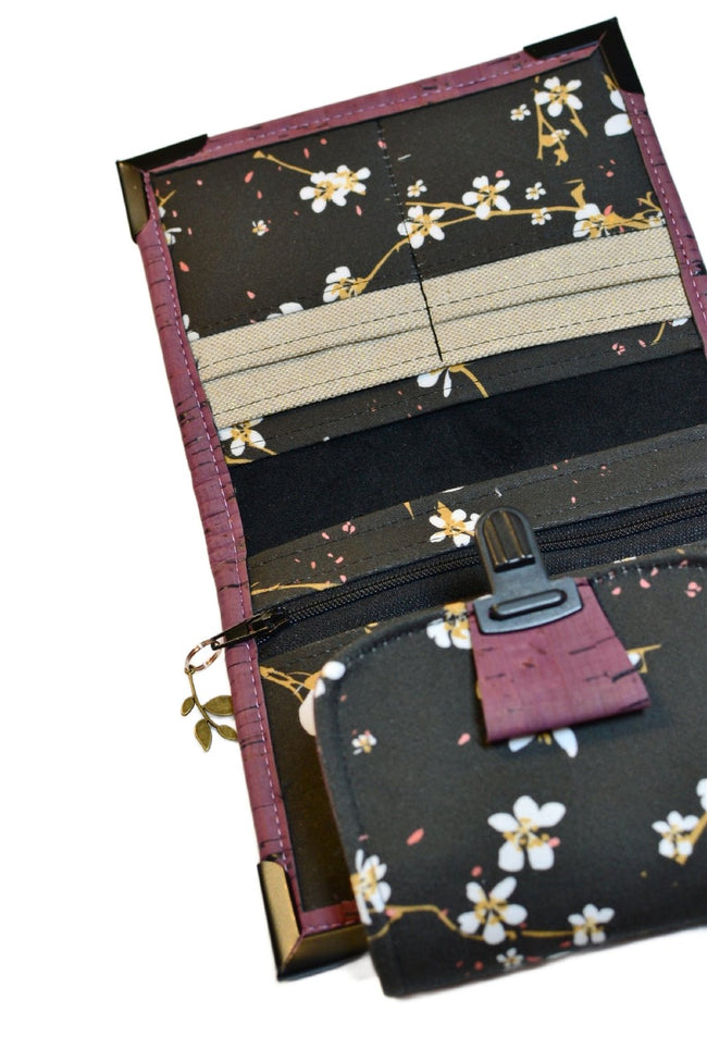 Portefeuille en liège prune et tissu japonais – Élégance et durabilité - Shirley Chiche planner