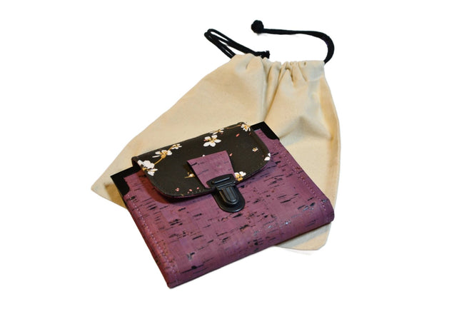 Portefeuille en liège prune et tissu japonais – Élégance et durabilité - Shirley Chiche planner