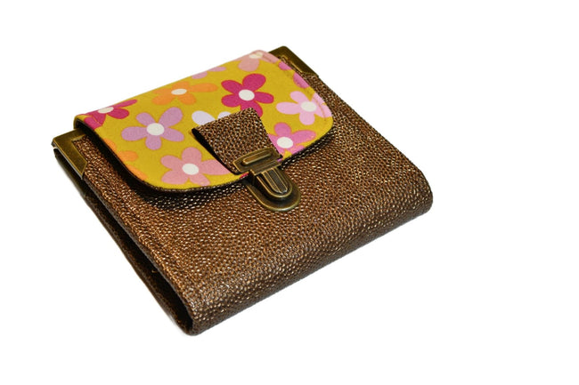 Portefeuille femme en simili cuir galuchat bronze et tissu fleuri – Fabrication artisanale française - Shirley Chiche planner