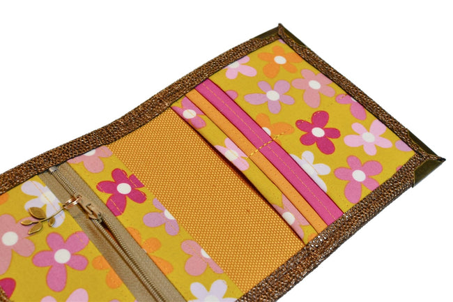 Portefeuille femme en simili cuir galuchat bronze et tissu fleuri – Fabrication artisanale française - Shirley Chiche planner