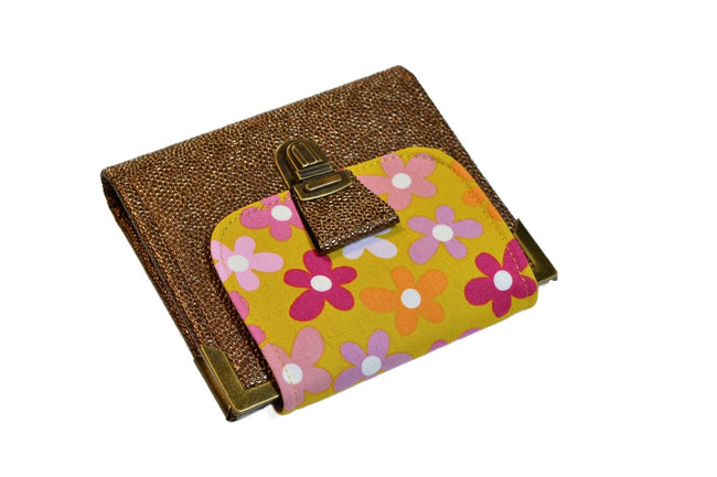 Portefeuille femme en simili cuir galuchat bronze et tissu fleuri – Fabrication artisanale française - Shirley Chiche planner
