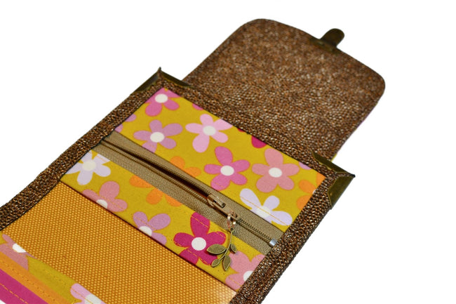Portefeuille femme en simili cuir galuchat bronze et tissu fleuri – Fabrication artisanale française - Shirley Chiche planner
