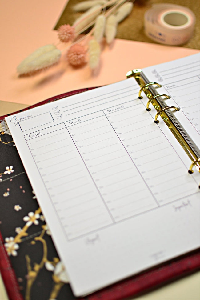 insert a5 planning hebdomadaire pour agenda rechargeable A5 perforé. Recharge pour planificateur calendrier non daté. Shirley chiche, les jours souples